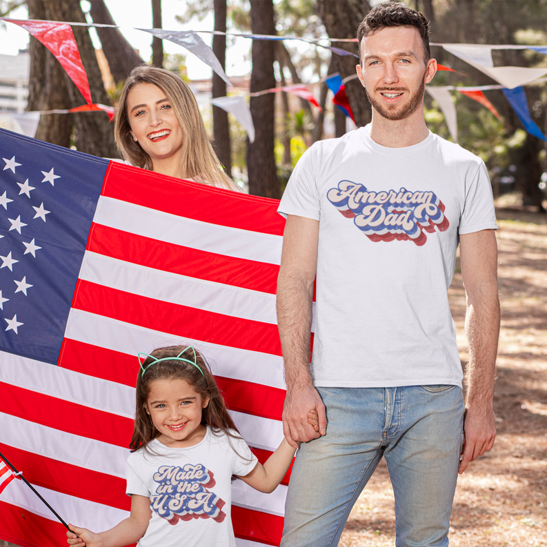 Men's retro American Dad logo T-shirt, white crew neck, front graphic