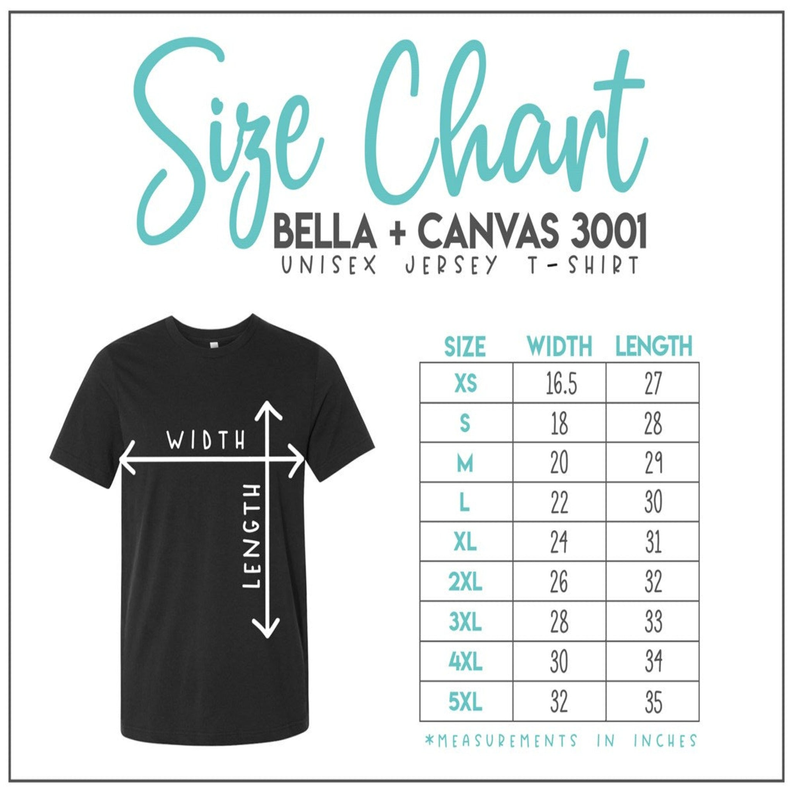 Size chart for Bella+Canvas 3001 unisex jersey T-shirt, black tee shown
