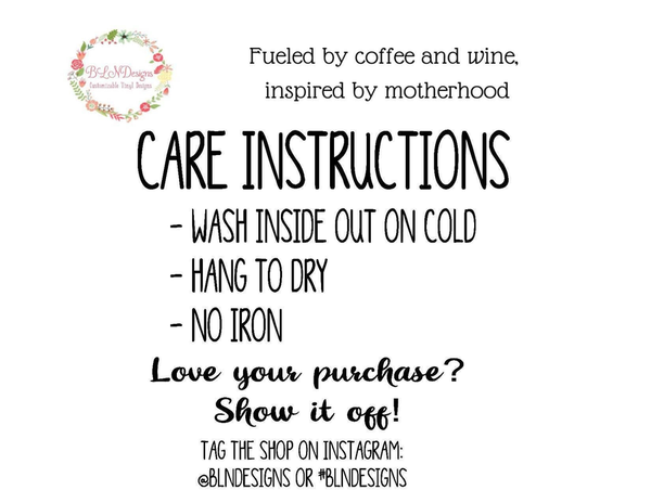 Women’s tank top care instructions: wash inside out on cold, hang dry, no iron.