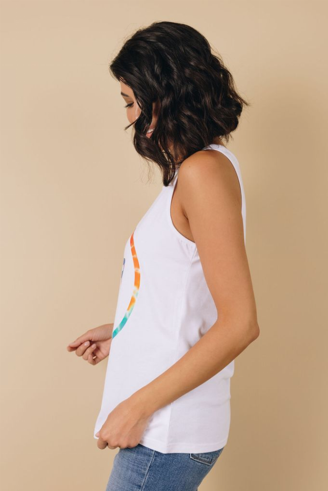 White sleeveless tank top, side view with curved hem and armhole details.