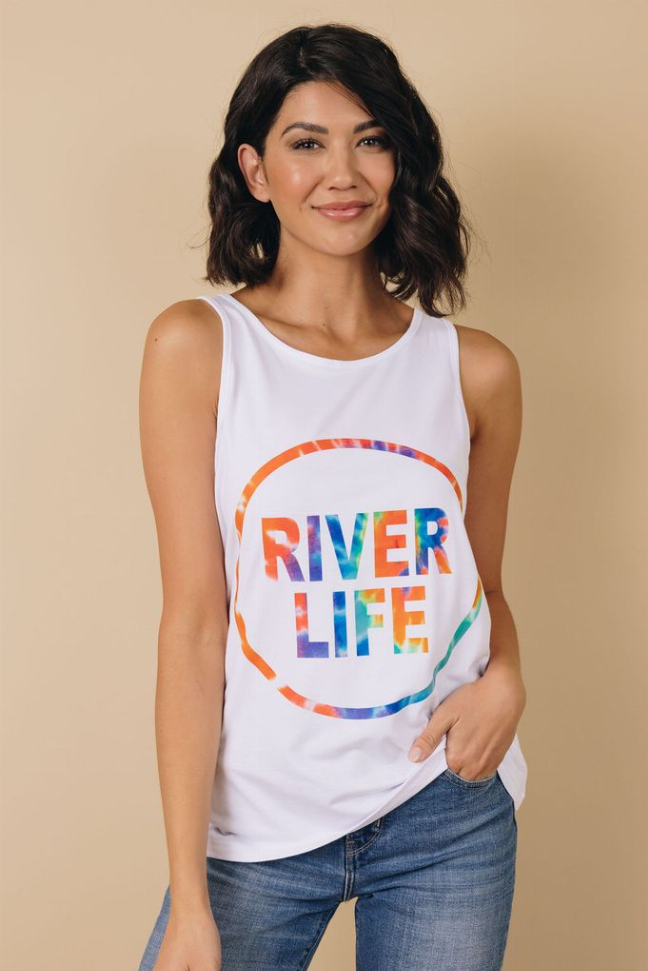 White sleeveless tank top with centered colorful 'RIVER LIFE' logo print.