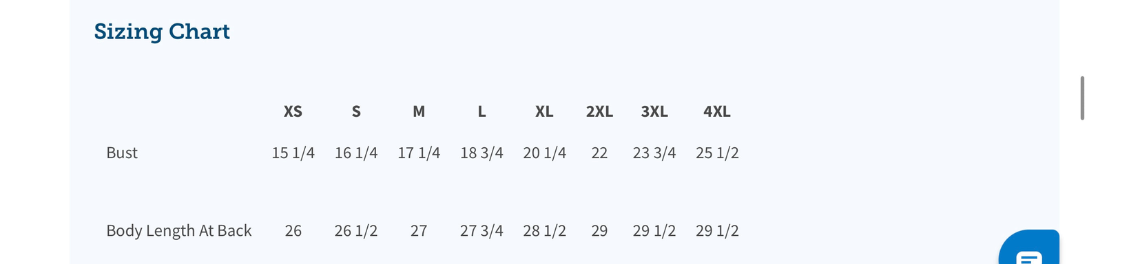 Tie-dye tank top sizing chart with bust and body-length measurements