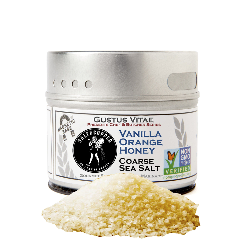 Vanilla orange honey sea salt seasoning tin with white crystal salt