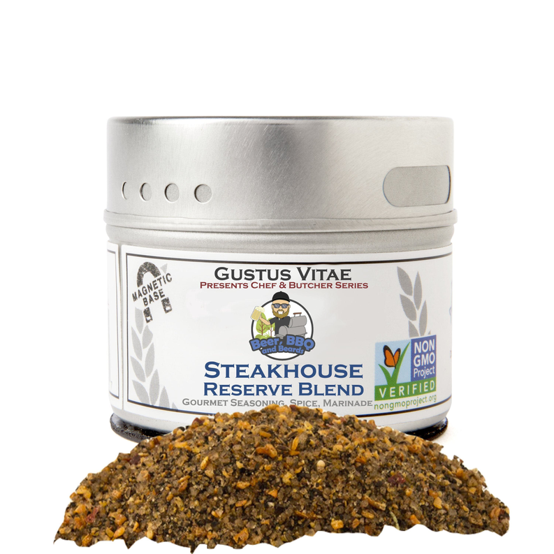 Steakhouse reserve blend seasoning tin with dark herb spice rub