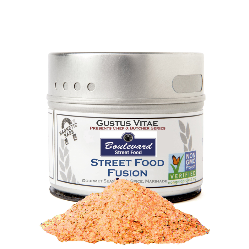 Street food fusion seasoning tin with pink-orange spice blend