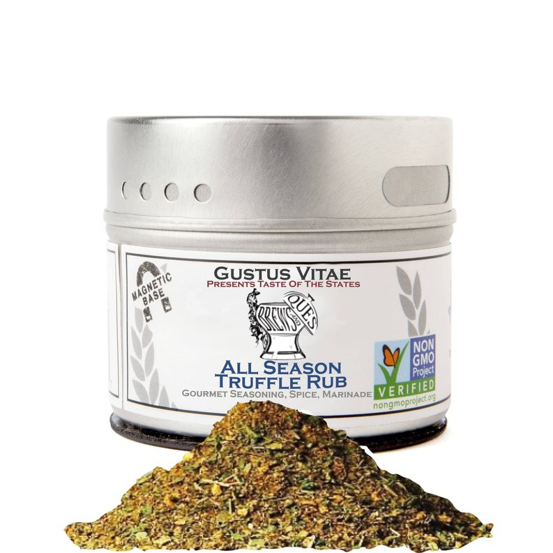 All season truffle rub seasoning tin with green-brown herb rub