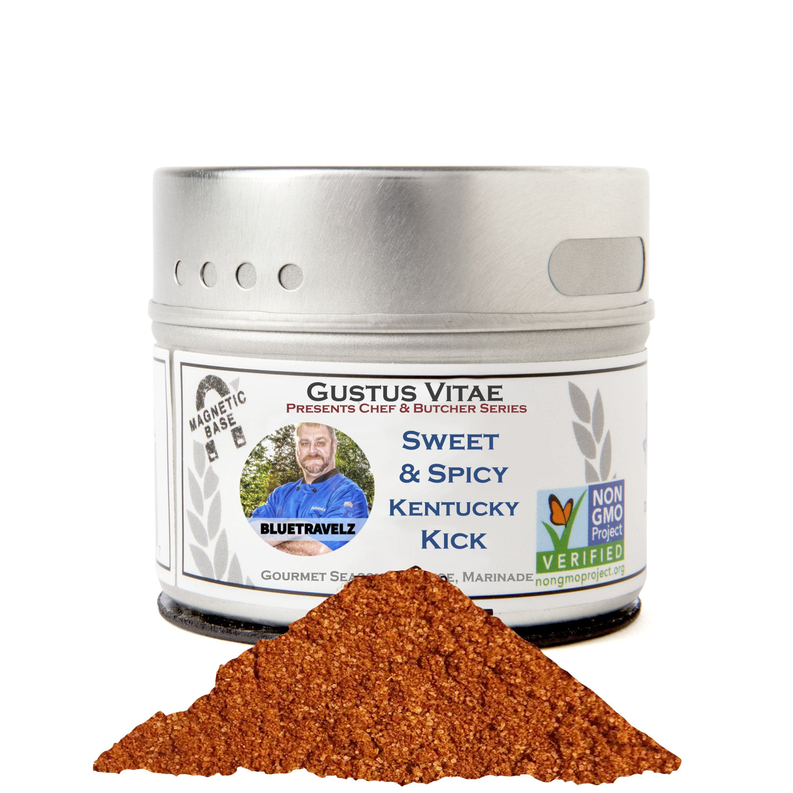Sweet & spicy Kentucky kick seasoning tin with reddish-brown spice rub