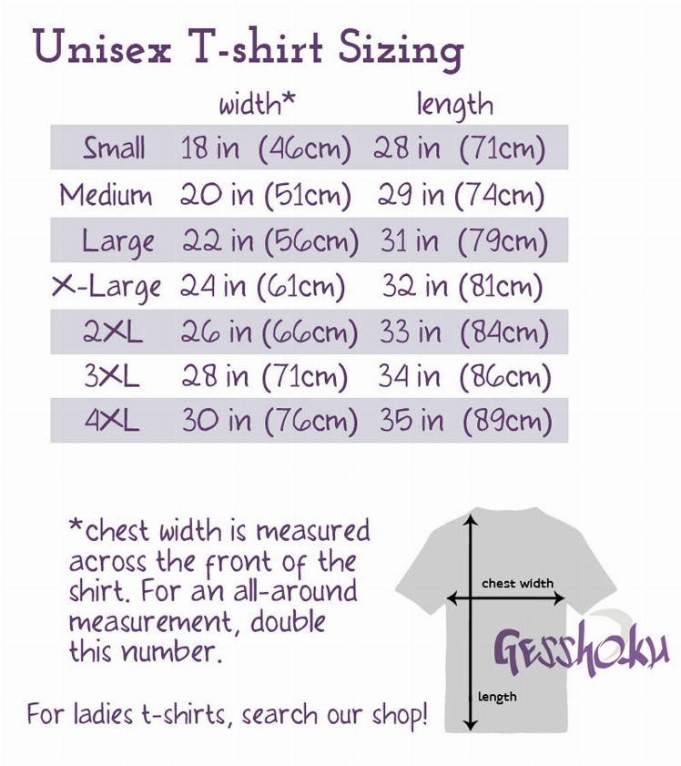 Unisex T-shirt sizing chart with width and length measurements diagram