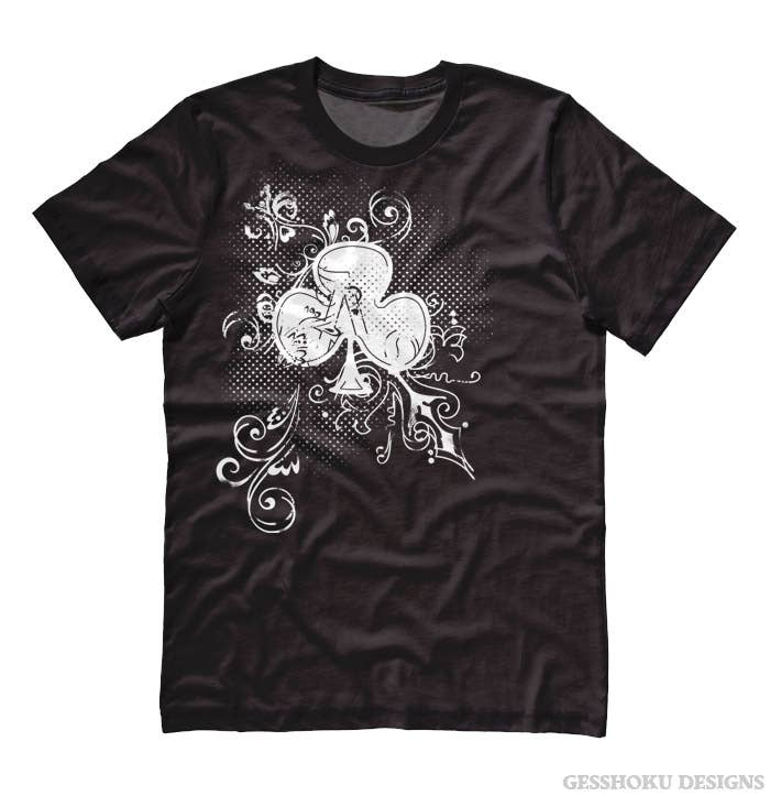 Unisex T-shirt in dark color with ornate ace-of-clubs graphic on front