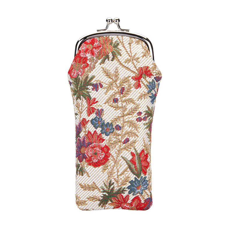 Floral glasses pouch case with kiss-lock frame, cream fabric with red and blue flowers