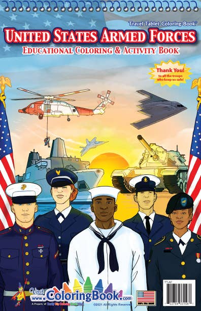 US Armed Forces travel coloring book cover with pilots, helicopter, and flags
