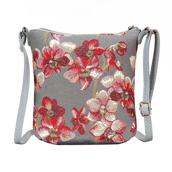 Gray floral crossbody sling bag with red and pink flowers, top zipper and adjustable straps