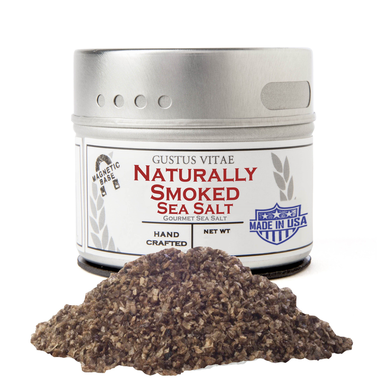 Naturally smoked sea salt jar with silver lid and brown smoked salt pile