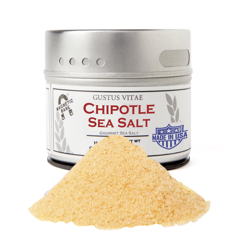 Chipotle sea salt jar with silver lid and golden chipotle salt pile