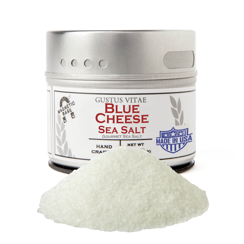 Blue cheese sea salt jar with silver lid and white salt mound
