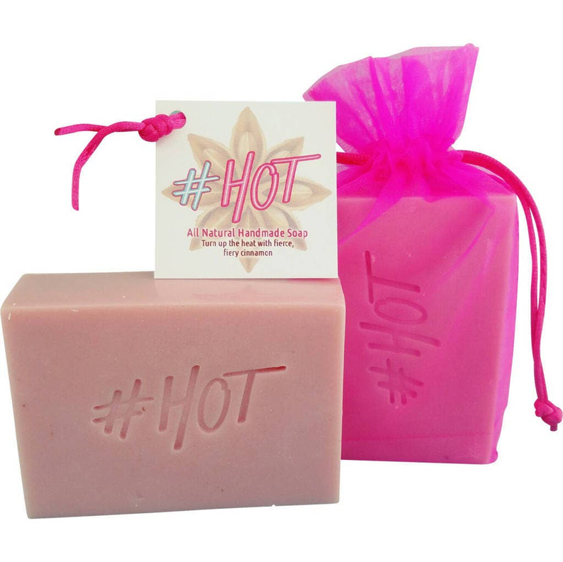 Hot shea butter soap bar with #HOT stamp, with pink drawstring pouch