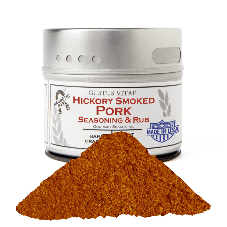 Hickory Smoked Pork seasoning & rub jar with orange spice pile, Gustus Vitae label
