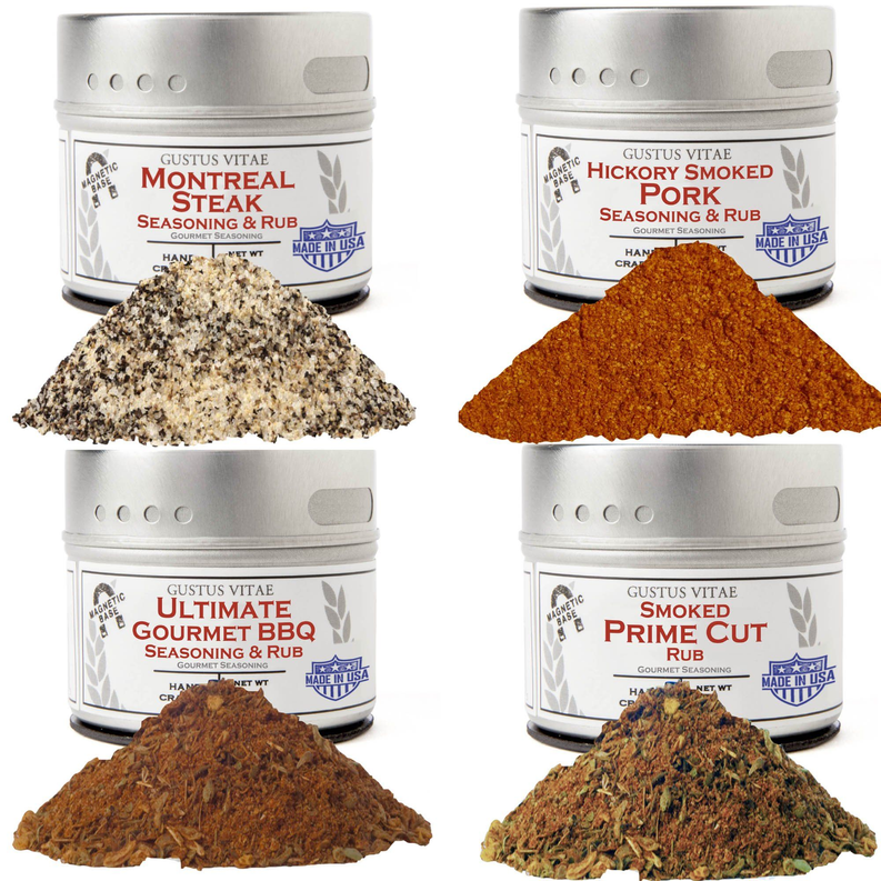 Assorted seasoning rub jars with four spice piles, Gustus Vitae variety labels