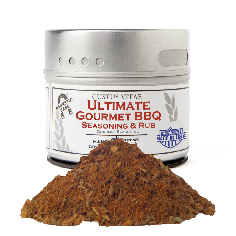 Ultimate Gourmet BBQ seasoning & rub jar with brown spice pile, Gustus Vitae label