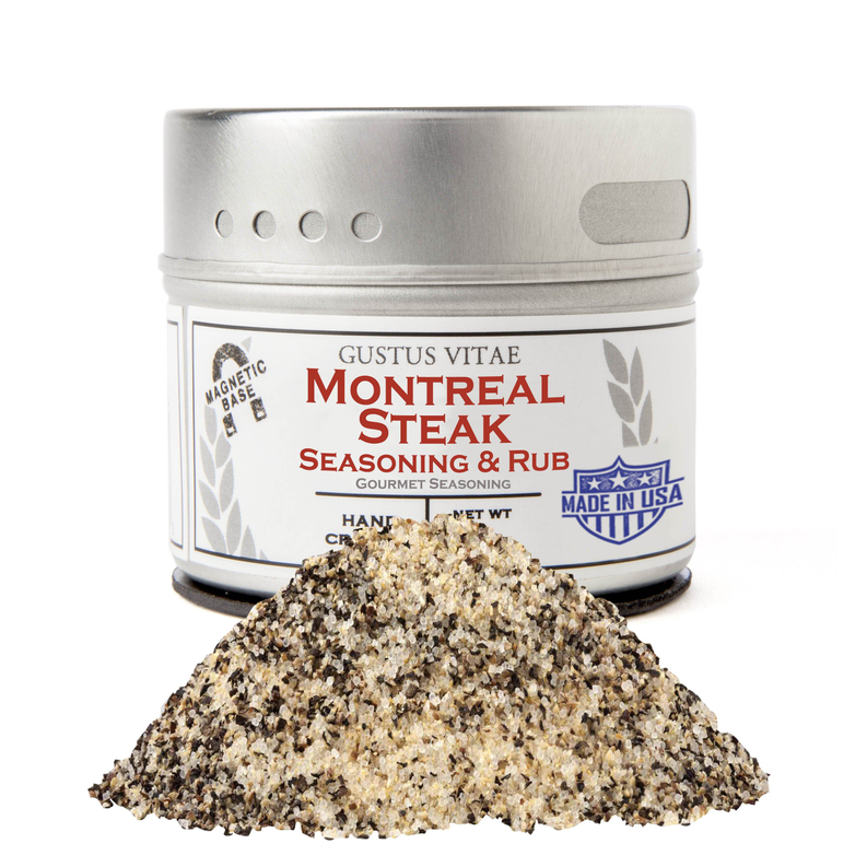 Montreal Steak seasoning & rub jar with speckled spice pile, Gustus Vitae label