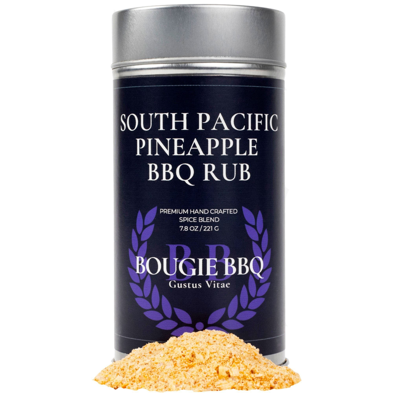 Pineapple BBQ rub seasoning canister with blue label and silver lid