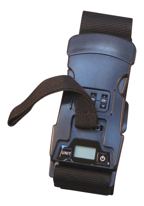 Luggage belt with digital scale and locking strap, shown on a suitcase handle