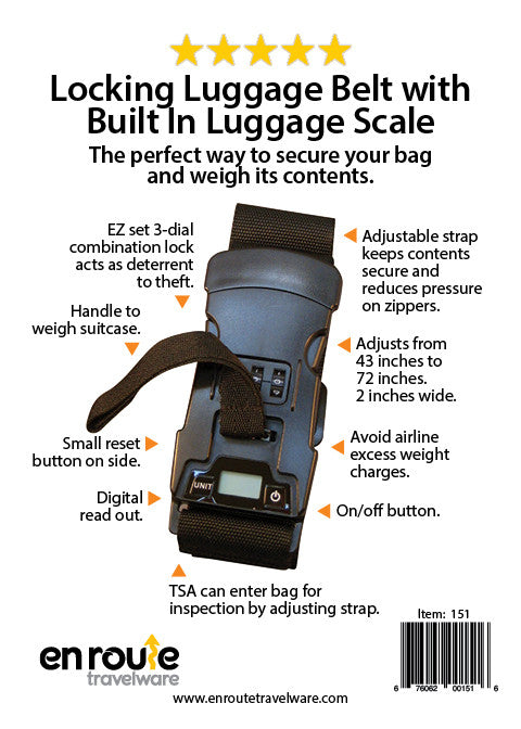Locking luggage belt with built-in digital scale on dark blue suitcase strap and buckle