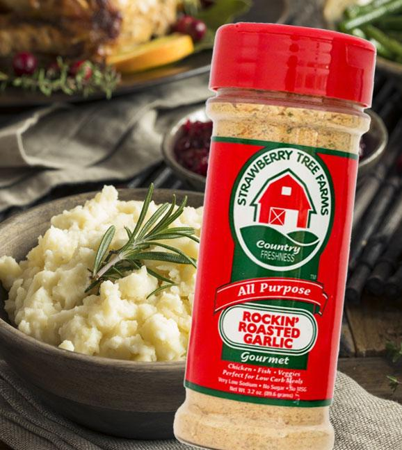 Roasted garlic seasoning bottle with red cap, all-purpose