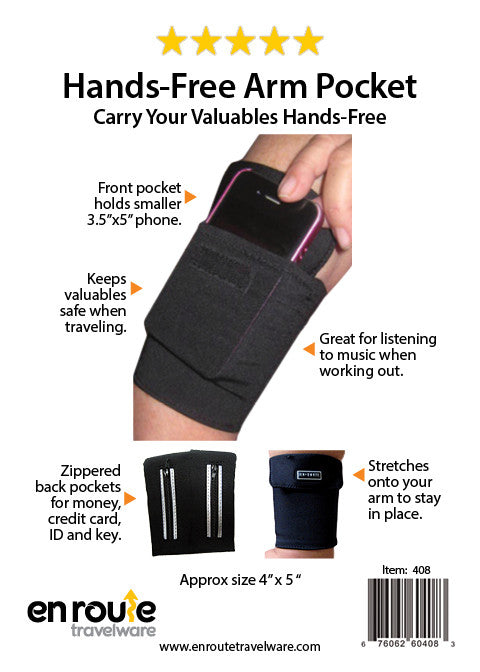Black arm pocket with front zipper pocket and phone-sized storage strap