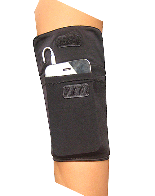 Black arm pocket with two front compartments and stretch band for secure fit