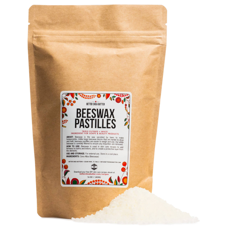 Beeswax pellets pouch with a pile of white wax beads, 100% pure