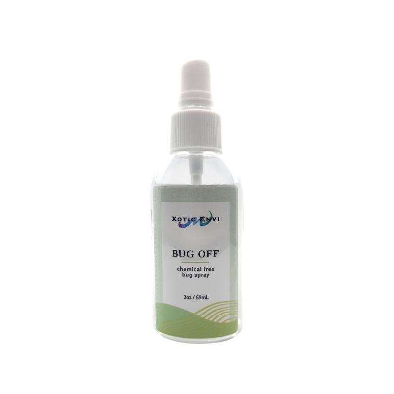 Bug Off insect spray bottle with white mist nozzle and green label