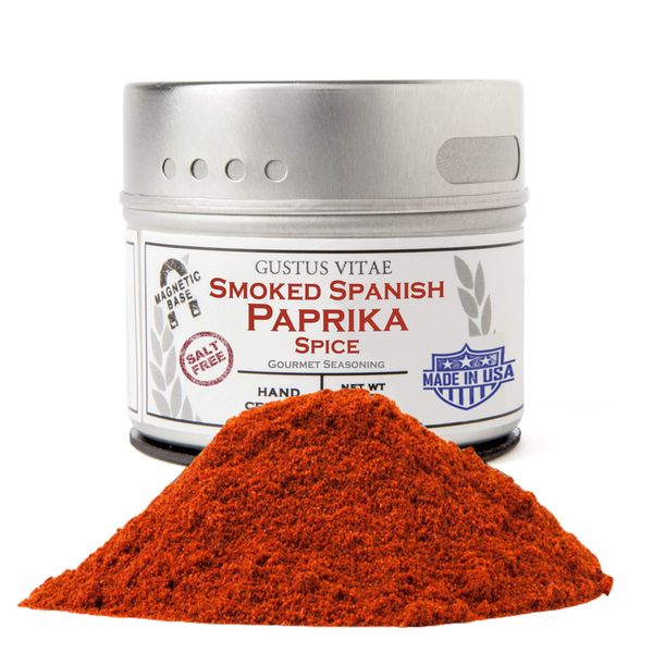 Smoked Spanish paprika tin with red spice mound in front