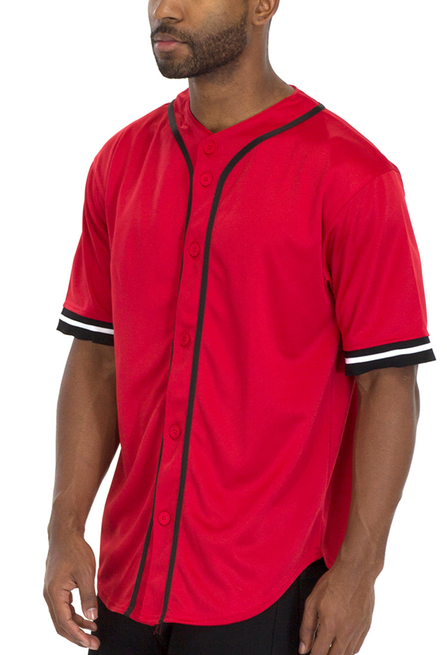Red baseball jersey with black trim, button front, short sleeves