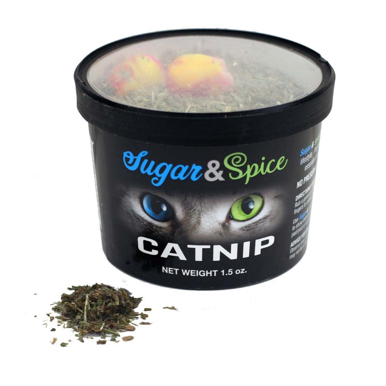 Black catnip tub with lid and Sugar & Spice label, 1.5 oz net weight