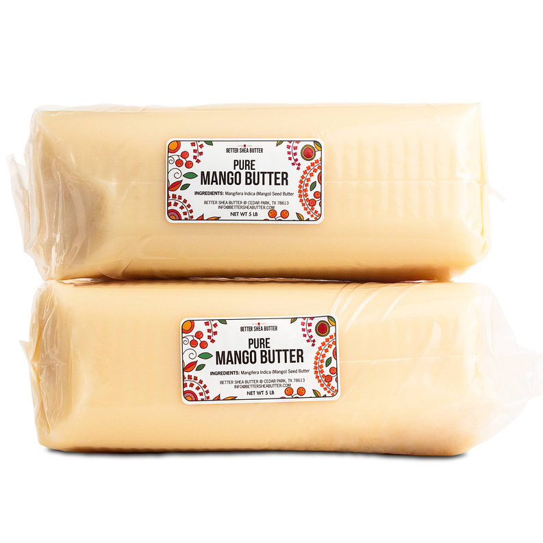 Off-white mango butter blocks in clear packaging