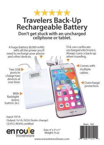 White rechargeable power bank with LED indicator and USB charging ports