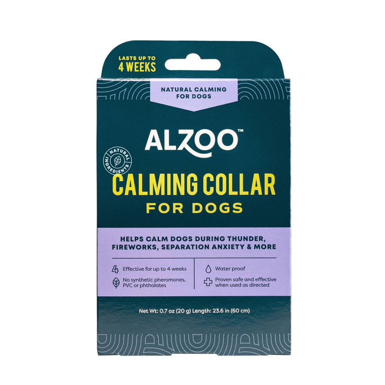 Teal dog calming collar package with ALZOO branding and hanging tab, up to 4 weeks.