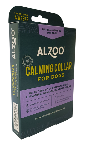 Dark green dog calming collar package with ALZOO branding and calming collar label.