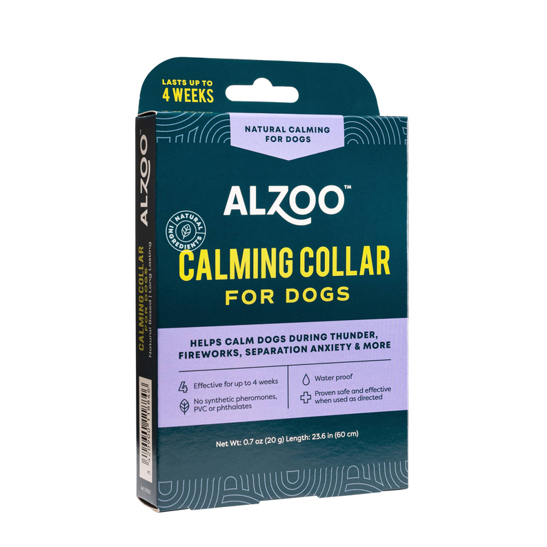 Teal dog calming collar box with ALZOO branding, front panel text, up to 4 weeks.