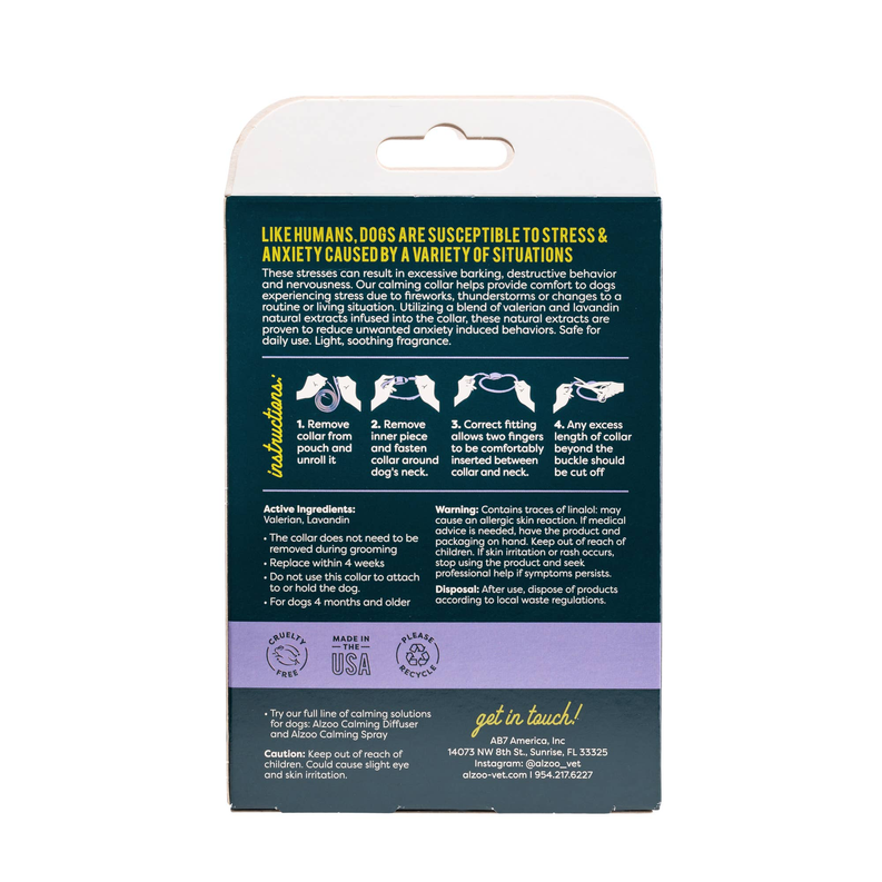 Back of dog calming collar package with usage steps and safety information for owners.