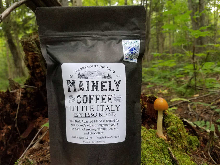 Whole bean coffee blend bag with label, dark roast, resealable pouch