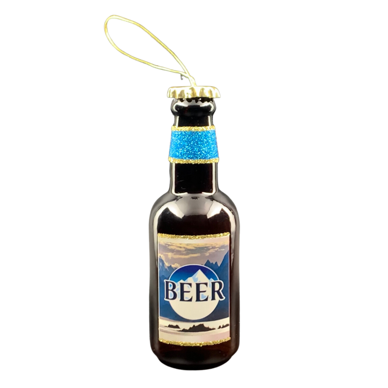 Beer bottle ornament with gold cap, blue label, and hanging loop