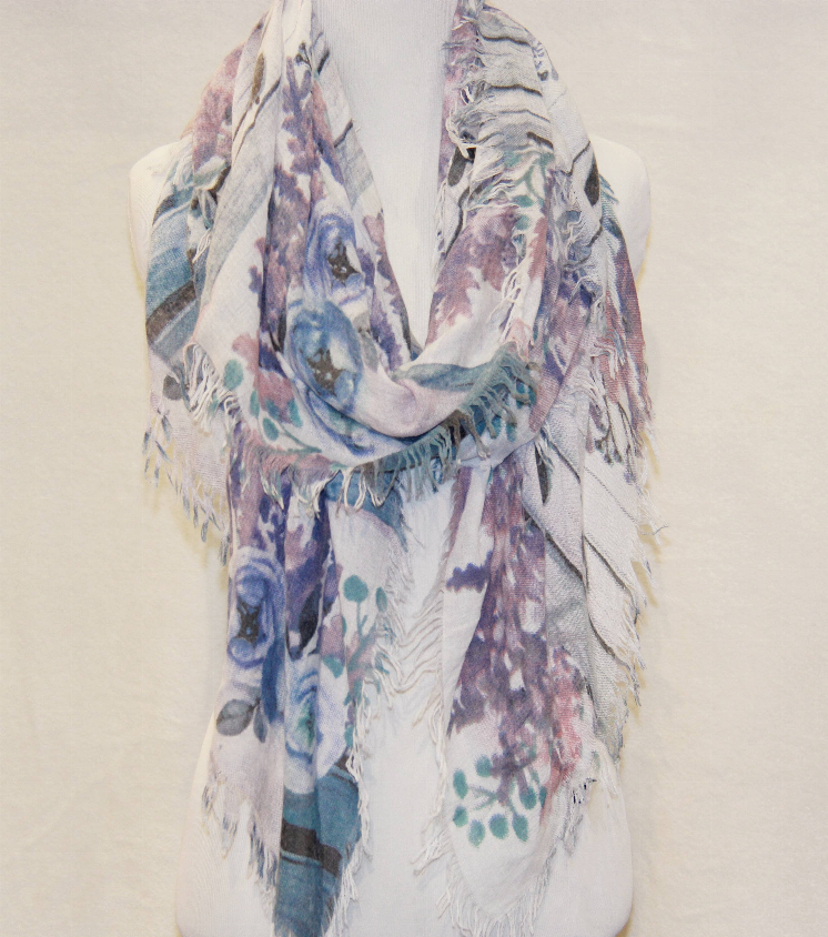 Pastel floral rose and lavender scarf, full length drape with long fringe ends
