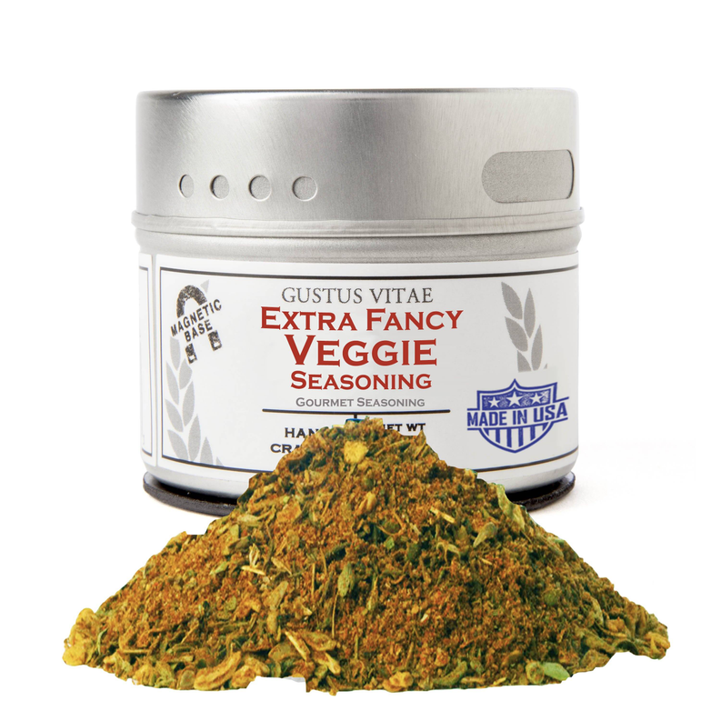 Extra Fancy Veggie seasoning jar with green seasoning pile