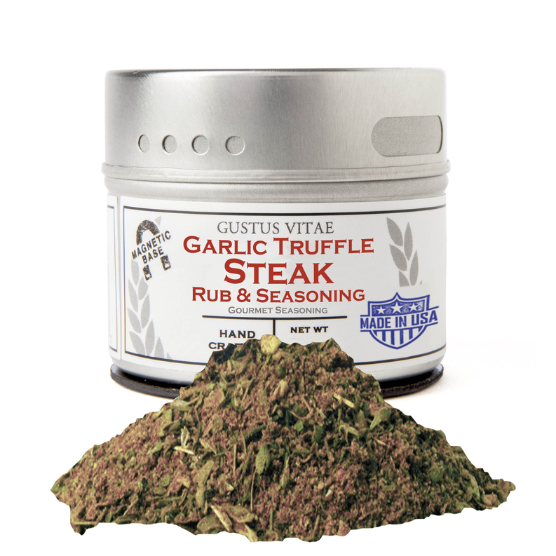 Garlic truffle seasoning jar with herb rub seasoning pile