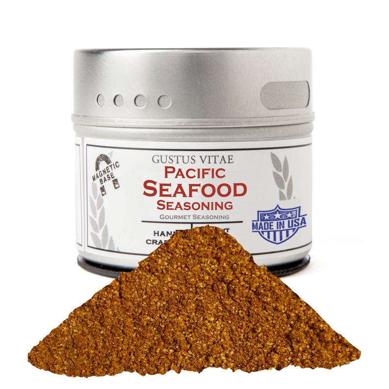 Pacific Seafood seasoning jar with brown seasoning pile