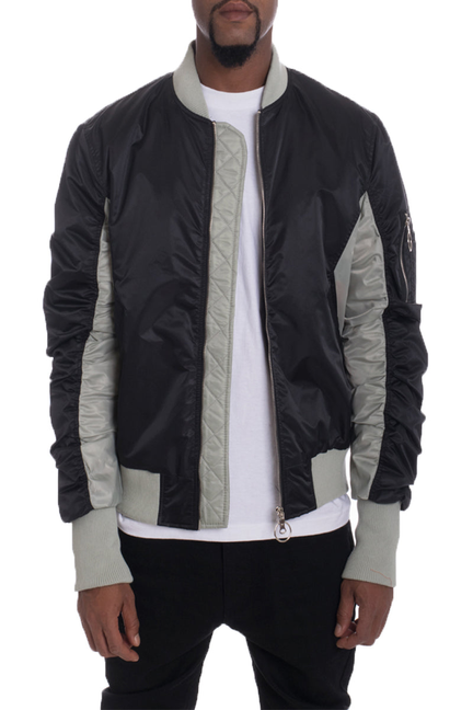 Two-tone bomber jacket, front zip with chest pocket, black body and light gray sleeves