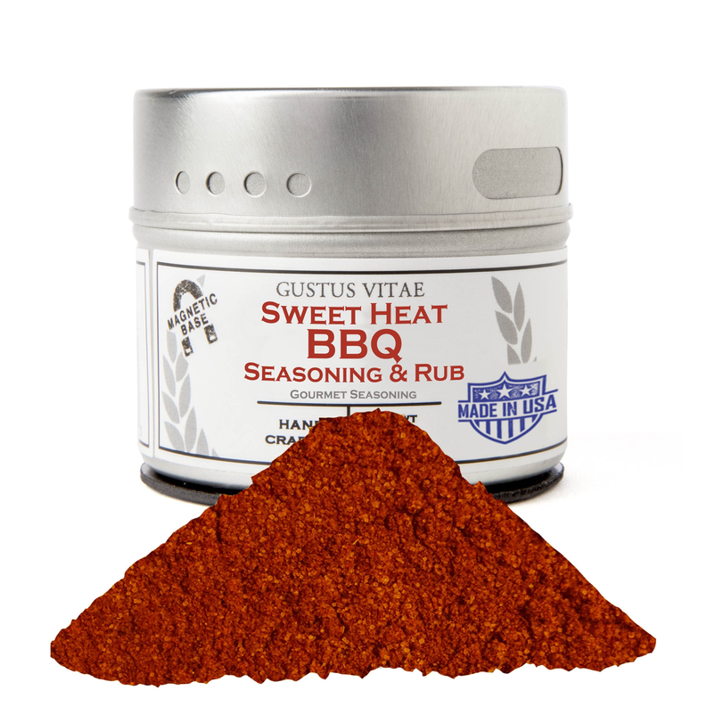Sweet heat BBQ seasoning & rub jar with orange-brown seasoning pile in front