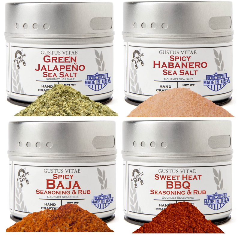 Set of 4 spice tins with green jalapeño sea salt, habanero sea salt, baja rub, and sweet heat BBQ